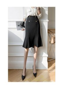 スカート | フリルひざ丈 膝丈 おしゃれ かわいい レディース ボトムス きれい ハイウエスト Aライン 上品 エレガント OL 通勤 レトロ デート オフィス