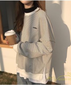 パーカー | フェイクレイヤード風トレーナー レディース ゆったりシルエット 切替 長袖 トップス フードなしボーダー ロングTシャツ サイドスリット入れ