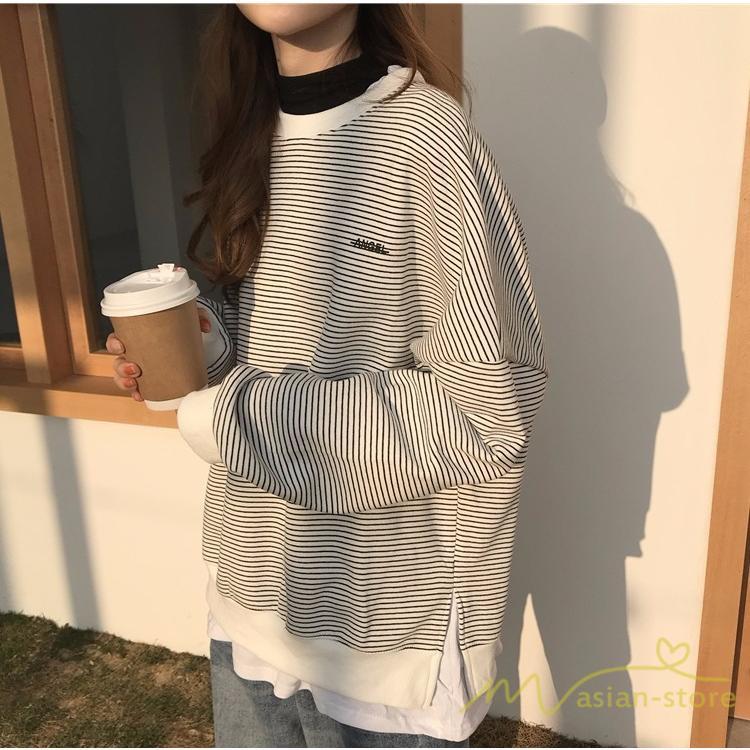 パーカー | フェイクレイヤード風トレーナー レディース ゆったりシルエット 切替 長袖 トップス フードなしボーダー ロングTシャツ サイドスリット入れ