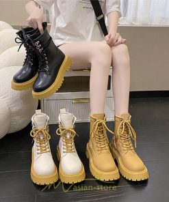 ショートブーツ | ブーツ レディース トレンド ミドル 厚底 袴ブーツ 黒 レースアップ 編み上げ イエロー ホワイト 卒業式 通勤 通学 オフィス 歩きやすい