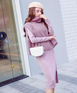 在庫ある | 短納期ニットワンピース ニットトップス 2点セット セットアップ タイトワンピース 裾スリット ハイネックショート丈トップス 長袖 シルエット OL カットソー