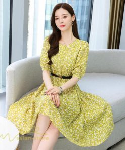 ミディアム | Aラインワンピース 膝丈 花柄 ワンピース ミディアムワンピース 5分袖 韓国風 エレガント カジュアルワンピース サマーワンピース 通勤通学 上品 おしゃれ 上品