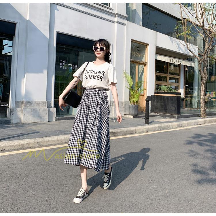 スカート | チェック柄 ロング丈 フレア ボトムス レディース 春 夏 秋 冬 体系カバー Aライン ウエストゴム おしゃれ 通勤 OL カジュアルブ無地 韓国風