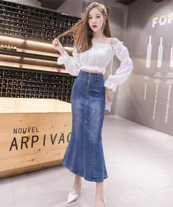 スカート | デニムマーメイド ロング上品 スタイリッシュ ボトムス オシャレ 細身 タイトハイウエスト 夏コーデ 春秋コーデ ハイストレッチ