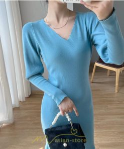 ニットワンピース | ニット ワンピース ロング Vネック ニットワンピ 長袖 ブラック 2022秋冬 ブルー マーメイド フリル セクシー 通勤 おしゃれ キレイめ ミモレ丈 上品