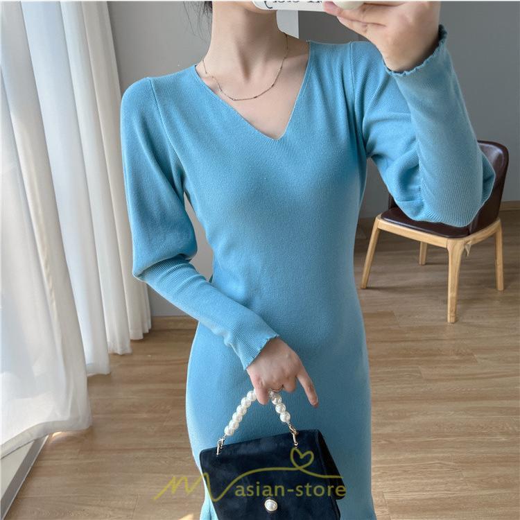 ニットワンピース | ニット ワンピース ロング Vネック ニットワンピ 長袖 ブラック 2022秋冬 ブルー マーメイド フリル セクシー 通勤 おしゃれ キレイめ ミモレ丈 上品