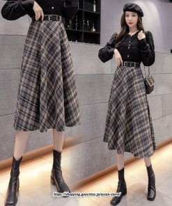 スカート | ロングミモレ レディース フレア Aライン ハイウエスト おしゃれ ゆったり ひざ下 体型カバー チェック柄 ラシャ ベルト付き 30代 20代 40代