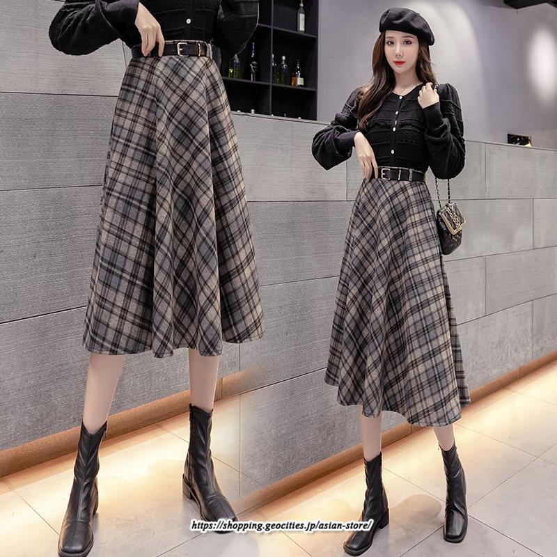 スカート | ロングミモレ レディース フレア Aライン ハイウエスト おしゃれ ゆったり ひざ下 体型カバー チェック柄 ラシャ ベルト付き 30代 20代 40代