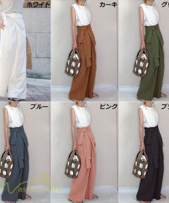 ワイドパンツ | レディース ガウチョパンツ 無地 ロングパンツ 着痩せ 体型カバー カジュアル パンツ おしゃれ 蝶結び かわいい ハイウエスト ゆったり 韓国風