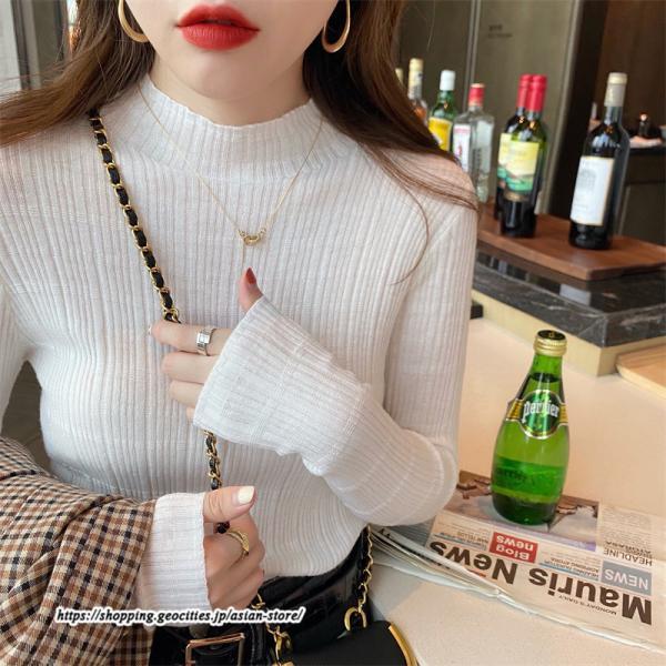ニット・セーター | カットソー ニット レディース リブニット 長袖 秋冬 春 トップス スリム ストレッチ インナー 無地 プルオーバー 着痩せ 長袖ニット 通学通勤 長袖カットソー