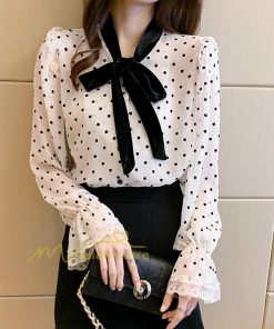 シャツ・ブラウス | ブラウス レディース 長袖ブラウス 秋服 オフィスブラウス リボンネック オシャレブラウス プリントトップス 韓国風 大人 ゆったりシャツ 通勤OL ドット柄 上品
