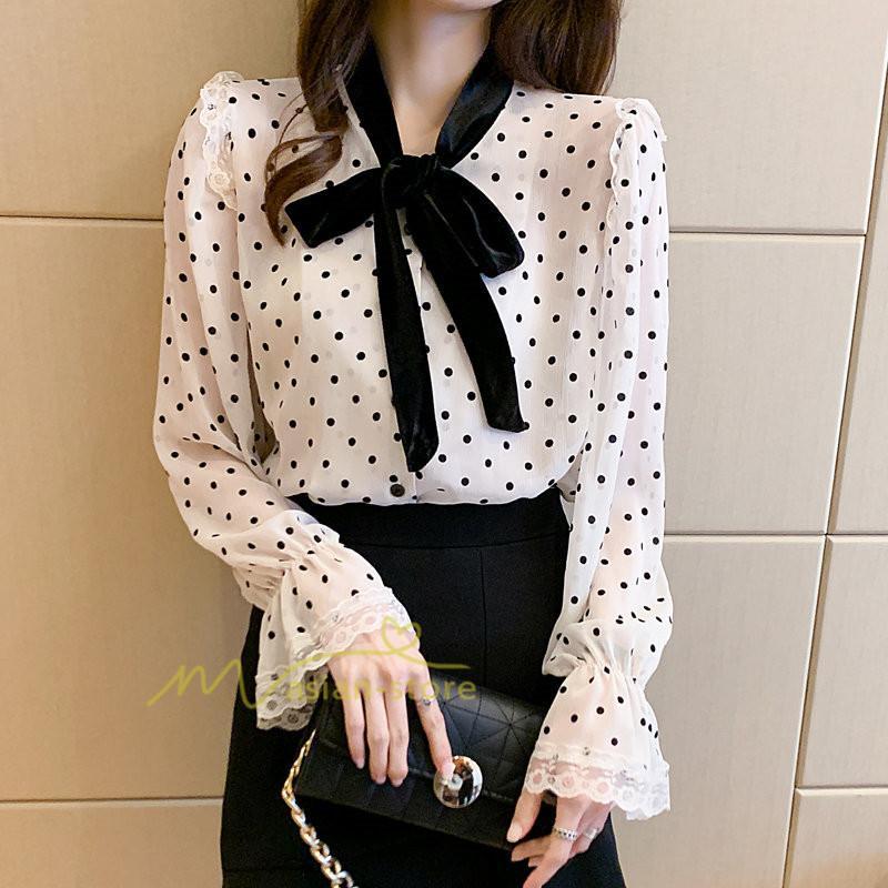 シャツ・ブラウス | ブラウス レディース 長袖ブラウス 秋服 オフィスブラウス リボンネック オシャレブラウス プリントトップス 韓国風 大人 ゆったりシャツ 通勤OL ドット柄 上品