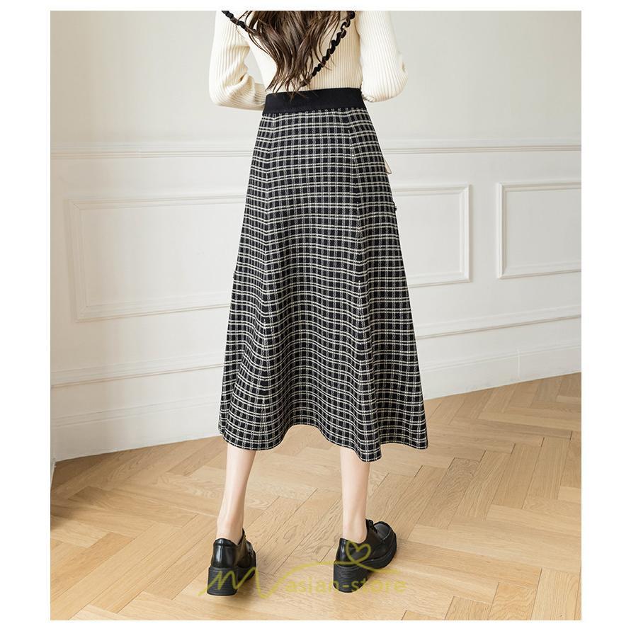 スカート | ロングチェック柄 ニット きれいめ レディース ロング丈 女子会 デート 20代 30代 40代 50代 秋 あったか お出かけ 冬 フレア 高見え 細見え