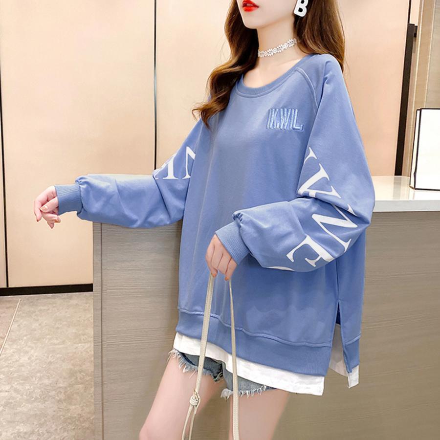 パーカ | カジュアル体型カバー レディース 韓国風 トップス ゆったり パーカートレーナー 長袖 スウェット チュニックロンT レイヤード風