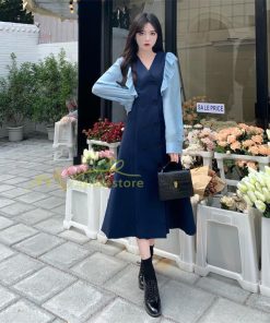 マキシ | Vネックワンピース ミモレ丈ワンピース フレア 秋 レディース 長袖ワンピ 腰着痩せ Aラインワンピース 30代40代 ドッキングワンピ エレガント 大人 通学通勤