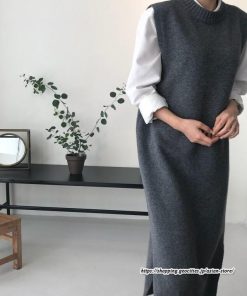 ベスト | ニットベストワンピース ロングレディース ベストワンピース ロングワンピース ニットワンピース ノースリーブ 袖なし サイドスリット入れ 丸首 無地