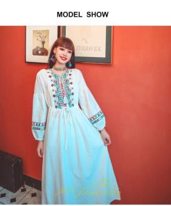 マキシ | ワンピース 長袖 ハイウエスト 綿麻 コットン リネン ロング ロング丈 Aライン ワンピ レディース 着痩せ 体型カバー 丸首 白 黄色 赤 通勤 Vネック 刺繍