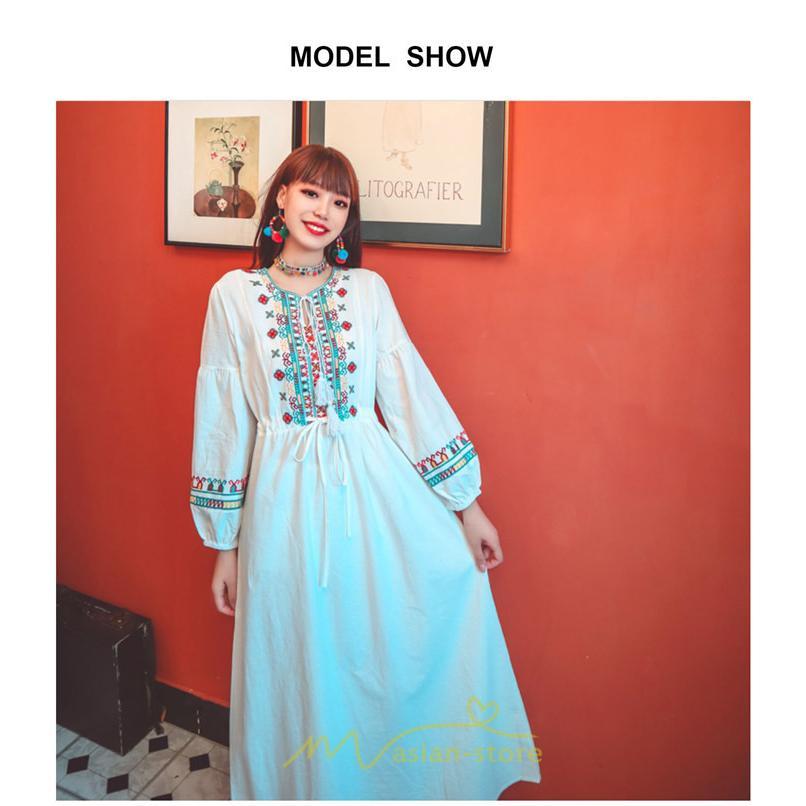 マキシ | ワンピース 長袖 ハイウエスト 綿麻 コットン リネン ロング ロング丈 Aライン ワンピ レディース 着痩せ 体型カバー 丸首 白 黄色 赤 通勤 Vネック 刺繍