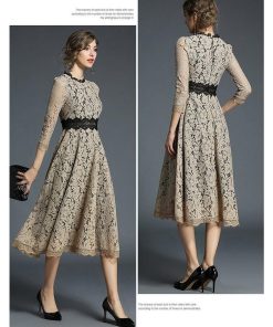 レースワンピース | ミモレフレアパーティードレス 結婚式二次会上品発表会入園式 袖あり七分袖 総レース 裏地あり エレガント シルエット フォーマル