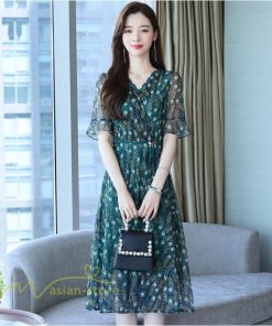 ミディアム | ワンピース レディース Aライン サマーワンピース 上品 着痩せ カジュアル 大きいサイズ 半袖 Vネック ミディアムワンピース ひざ丈 30代 気質 20代 40代