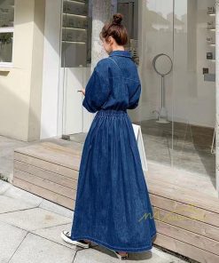 マキシ | ワンピース デニムワンピース 長袖 シャツワンピース デニムシャツ ジャケット 前開き 無地 Aラインワンピ ロングワンピ 可愛い 20代30代40代 ワンピ スリム