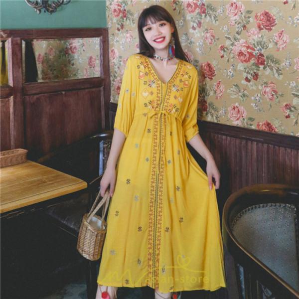 マキシ | ワンピース 膝下 カジュアル 上品 きれいめ 通勤 レディース 七分袖 体型カバー インスタ映え 撮影 個性的 クラシック 大人可愛い 高級感 普段使い 海外旅行