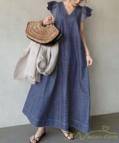 マキシ | ワンピース 半袖 デニムワンピース ロングワンピース マキシ丈 フレアスリーブ Aラインワンピース 無地 広い裾 30代40代50代 大人 ゆったり 夏ワンピ