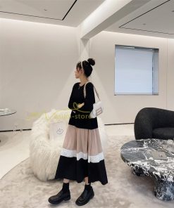 マキシ | 切り替えワンピース ドッキングワンピース 秋 レディース 裾プリーツワンピース ロングワンピース ゆったり 大きいサイズ 長袖 可愛い 秋物 大人 30代50代