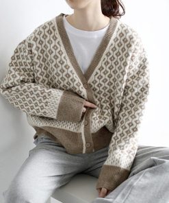 カーディガン | ニットトップス ニット長袖 幾何学柄 配色ダイス柄 羽織り アーガイル柄 春秋冬 ジャガードレディース