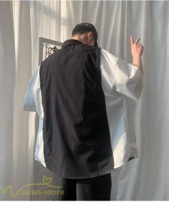 シャツ | ライトアウター メンズ ワイドカジュアル 切り替え トップス ゆったり 5分袖 韓国風 カッコウイイ ゆる夏コーデ オーバーサイズ 大きいサイズ