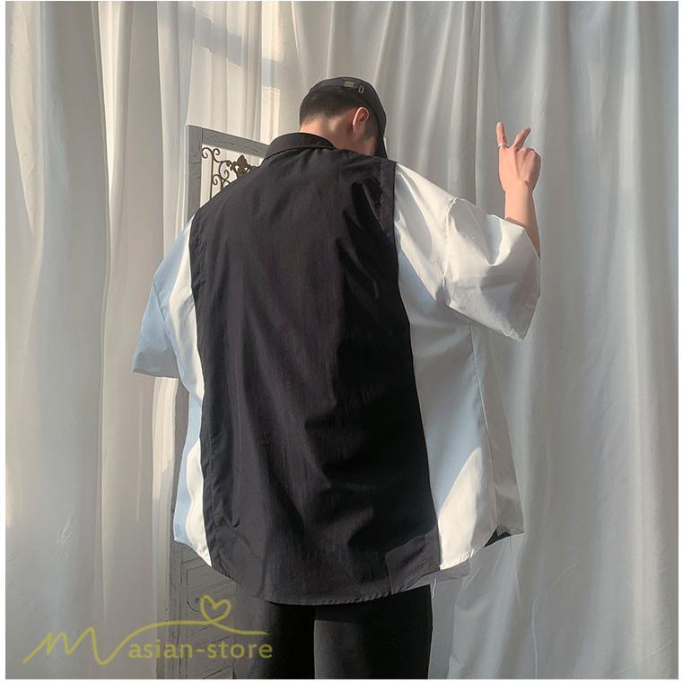 シャツ | ライトアウター メンズ ワイドカジュアル 切り替え トップス ゆったり 5分袖 韓国風 カッコウイイ ゆる夏コーデ オーバーサイズ 大きいサイズ