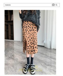 スカート | ロング 秋 冬 Aライン ロング丈 ハイウエスト ヒョウ柄 かっこいい セクシー  スリット ニット 韓国風 高見え デート おでかけ 2022新作 女子会 細見え
