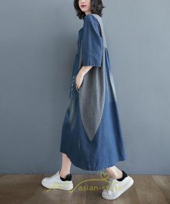 デニムワンピース | ワンピース レディース 夏 ロング丈 春 秋 七分袖 切り替え 大きいサイズ ゆったり 人気 体型カバー 20代30代40代 送料無料 着痩せ