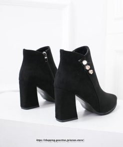 ブーツ | ショートブーティ レディース スエード調 太めヒール 靴 人工水晶 キラキラ オシャレ お出かけ デート キレイめ 通勤 20代30代40代50代