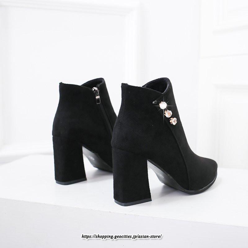 ブーツ | ショートブーティ レディース スエード調 太めヒール 靴 人工水晶 キラキラ オシャレ お出かけ デート キレイめ 通勤 20代30代40代50代