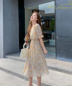 ミディアム | ワンピース プリーツフレア フェミニン Aライン リボンデザイン 小花柄 リゾートワンピ ウエストゴム ハイウエスト 2020新制作 ピンタック 夏コーデ 薄手