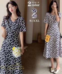 ミディアム | ワンピース レディース 着痩せ 花柄 半袖 大きいサイズ 上品 Aラインワンピース ゆったり Vネック ハイウエスト ミディアム丈 お出かけ 通勤 ひざ丈 通学