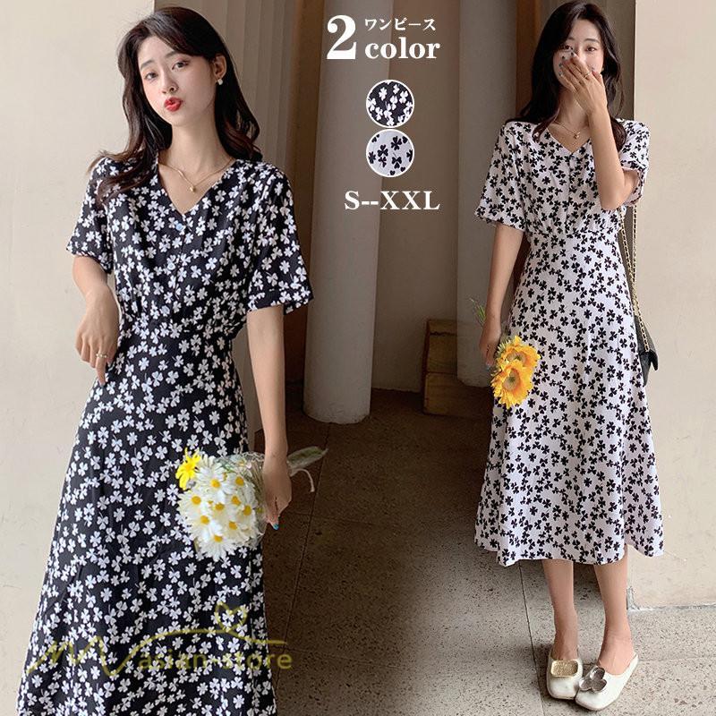 ミディアム | ワンピース レディース 着痩せ 花柄 半袖 大きいサイズ 上品 Aラインワンピース ゆったり Vネック ハイウエスト ミディアム丈 お出かけ 通勤 ひざ丈 通学