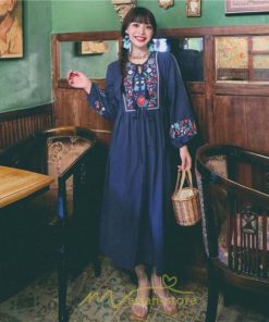 マキシ | ワンピース ロングワンピ パーティー お呼ばれ デート ゆったり 女子会 食事会 白 赤 黄色 青 Aライン 長袖 エスニック風 2022年夏秋新作 刺繍 Vネック 綿麻