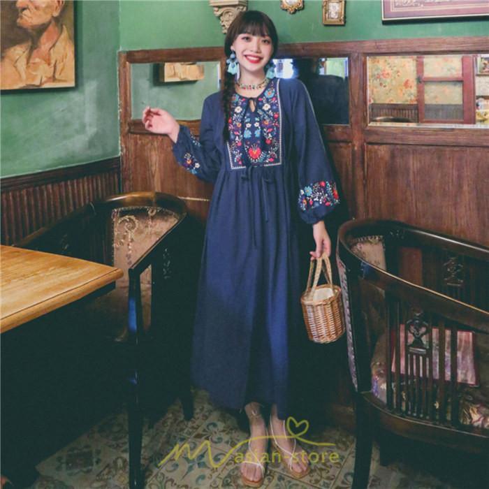 マキシ | ワンピース ロングワンピ パーティー お呼ばれ デート ゆったり 女子会 食事会 白 赤 黄色 青 Aライン 長袖 エスニック風 2022年夏秋新作 刺繍 Vネック 綿麻