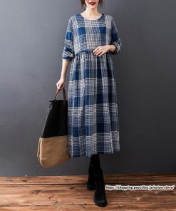 マキシ | チェック柄ワンピースリネン風 長袖ワンピース 30代レディース秋物長袖 綿麻風 ゆったり ゆるシルエット 大人 可愛い 通学通勤 リネンワンピ チェック柄 50代