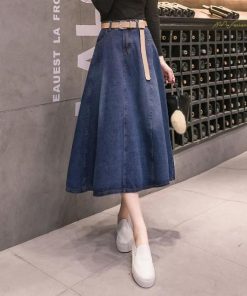 スカート | デニムプリーツフレア ハイウエスト スタイリッシュ ミディアム韓国風 上品 Aライン 大きいサイズ ゆったり 人気 レディース 春秋コーデ