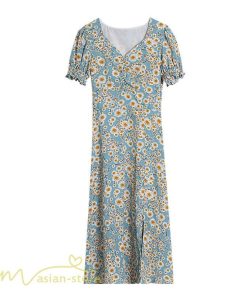 マキシ | ワンピース レディース 着痩せ Vネック カジュアル 花柄 サマーワンピース きれいめ 裾口スリット 日常感 Vネック 膝丈 夏新作 40代 きれいめ 半袖 30代 20代