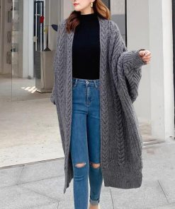 ニット・セーター | ロング丈 ケーブル編みカーデ 体型カバー 秋冬 韓国風 厚手 ニットカーディガン レディース コーディガン ライトアウター