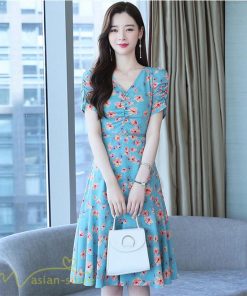 ミディアム | ワンピース レディース 着痩せ 半袖 花柄 きれいめ ミディアムワンピース カジュアル 膝丈 タック カジュアルワンピース おしゃれ サマーワンピース Vネック