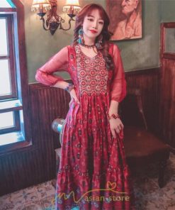 マキシ | マキシ丈ワンピース 夏 リゾート 花柄 ロング丈ワンピース ロング 七分袖 民族風 エスニック風 体型カバー 可愛い おしゃれ フェミニン 着痩せ 上品