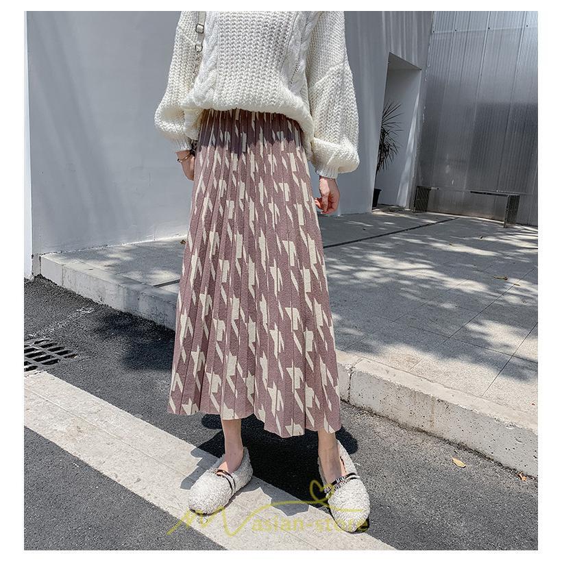 スカート | ロングレディース ボトムス プリーツかわいい 秋冬新作 韓国風 ハイウエスト 細見え 脚長効果 ニット こなれ感 高身長 低身長 トレンド