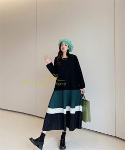 マキシ | 切り替えワンピース ドッキングワンピース 秋 レディース 裾プリーツワンピース ロングワンピース ゆったり 大きいサイズ 長袖 可愛い 秋物 大人 30代50代