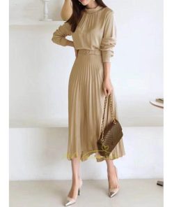 マキシ | ワンピース レデイース ロング丈 長袖 プリーツ ベルト付き 春夏 おしゃれ きれいめ 通勤 二次会 大人 20代 着痩せ 秋新作 30代 40代 エレガント カジュアル