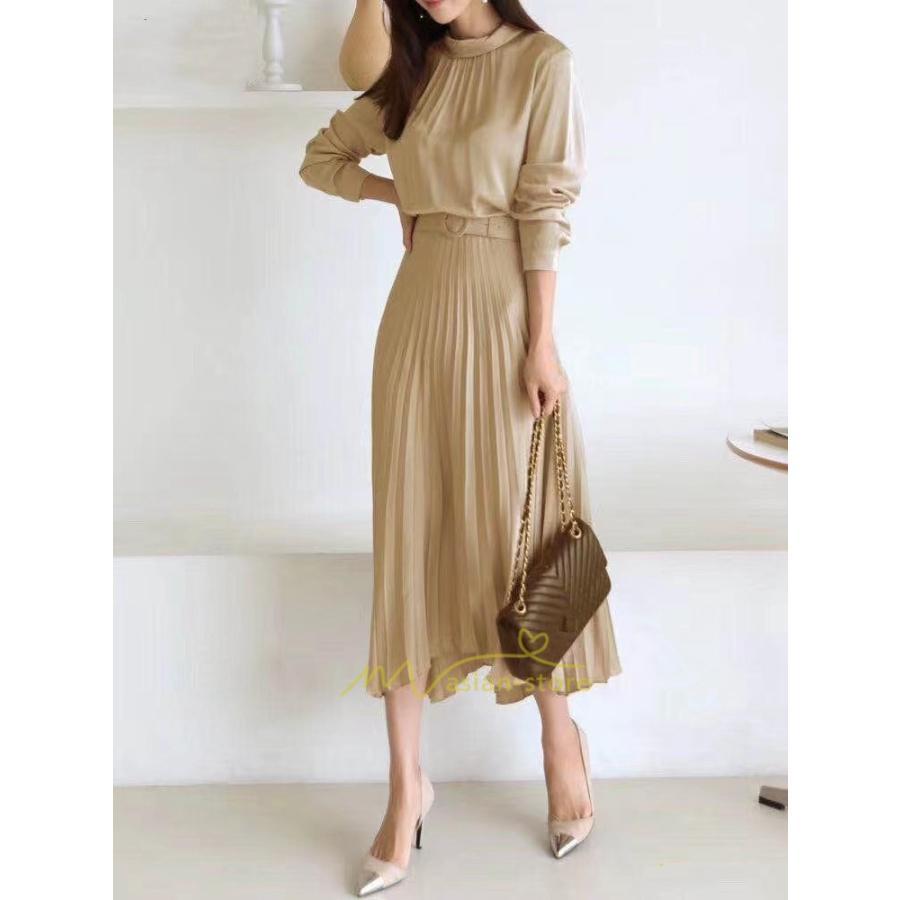 マキシ | ワンピース レデイース ロング丈 長袖 プリーツ ベルト付き 春夏 おしゃれ きれいめ 通勤 二次会 大人 20代 着痩せ 秋新作 30代 40代 エレガント カジュアル